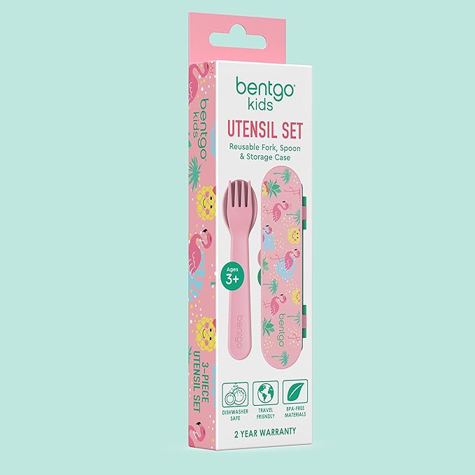 Bentgo Kids Utensil Set - Reusable Plastic Fork, Spoon & Storage Case - BPA-Free Materials, Easy-Grip Handles, Dishwasher Safe - Ideal for School Lunch, Travel, & Outdoors (Tropical)
