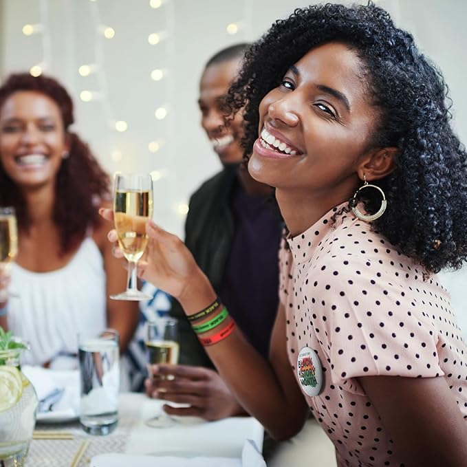 38 Pcs Black History Month Party Favors Including 12 Pcs Elastic Rubber Bracelets 12 Pcs Keychain 12 Pcs Buttons Badges Pins 2 Pcs Labels Stickers for Party African Black Freedom Day Supplies