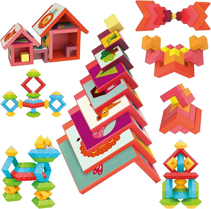 VATOS Montessori Toys Stacking Toys 3-in-1 Set for Toddlers and Kids, 49Pcs Building Blocks Preschool Sensory Toys STEM Toy for 1 2 3 4 5 6+ Years Old Baby Boys and Girls