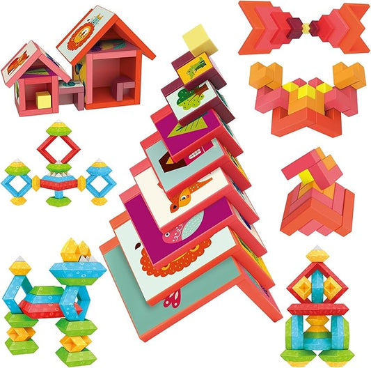VATOS Montessori Toys Stacking Toys 3-in-1 Set for Toddlers and Kids, 49Pcs Building Blocks Preschool Sensory Toys STEM Toy for 1 2 3 4 5 6+ Years Old Baby Boys and Girls