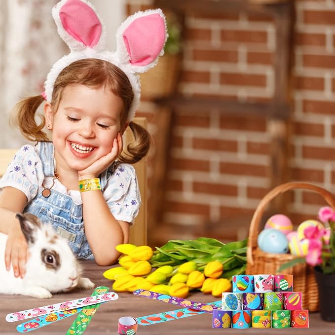 FOIMAS 48pcs Easter Slap Bracelets,Egg Bunny Chick Snap Bracelet Wristband for Easter Egg Filler Basket Stuffer Party Favor Supply