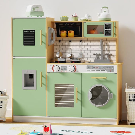 Babytronic Wooden Kitchen Playset for Kids, Interactive Play Kitchen with Lights & Sounds, Children Pretend Toy Kitchen Set with Faucet, Oven, Microwave, Kitchenware for Toddlers Ages 3+ (Green&Wood)