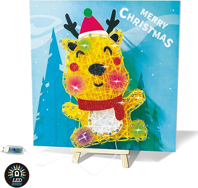 eirix Christmas Elk String Art Craft Kit with USB Plug-in LED String Lights Inside and Small Easel, Xmas Holiday DIY Toys Gifts for Kids 6+ (ELK-Yellow)
