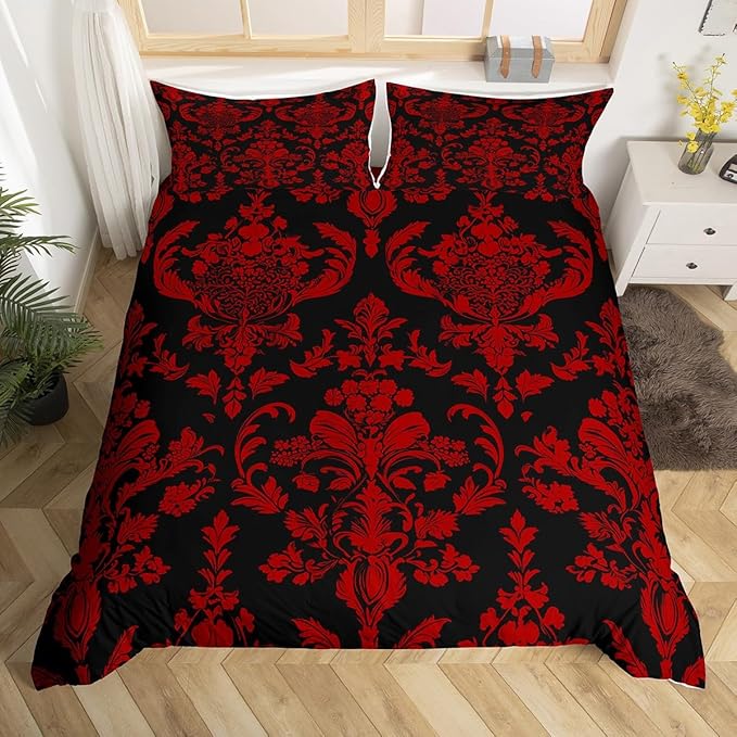 Feelyou Red Black Vintage Damask Floral Duvet Cover Set Oriental Antique Bedding Set King Size for Kids Boys Girls Gothic Bohemia Floral Comforter Cover Luxury Flower Quilt Cover,No Comforter