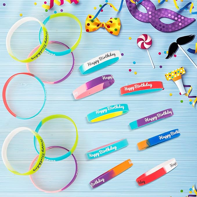 36pcs Happy Birthday Rubber Bracelets Colorful Silicone Stretch Wristbands for Birthday Party Supplies Favors rubber bracelets for kids&teens Classroom Prizes Teacher Supplies