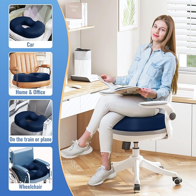 CloudBliss Donut Pillow Seat Cushion Chair Pad for Tailbone Pain Relief and Hemorrhoids, Memory Foam Seat Chair Cushion for Men and Women for Home & Office, (Blue-2XL)