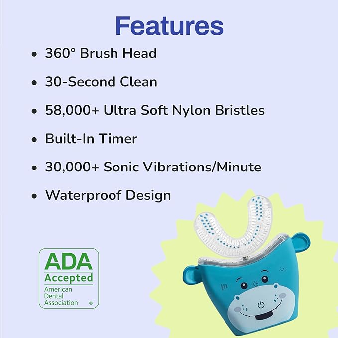 autobrush Kids U Shaped Electric Toothbrush, ADA Accepted, Sonic Pro with Unique 360° Nylon Bristles 3 Cleaning Modes,Whitening LED-Lights,Plays Music (Double-Sided),Ages 9-12, Hippo
