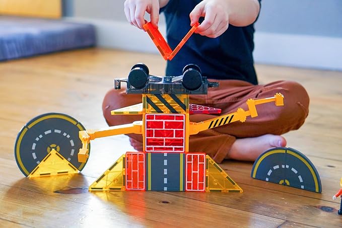 Magnetic Tiles Construction Toys with Crane Road Pieces Truck Magnetic Blocks STEM Building Sensory Toys for Kids 3 4 5 6 7 8 Year Old Boys Birthday Xmas Gifts
