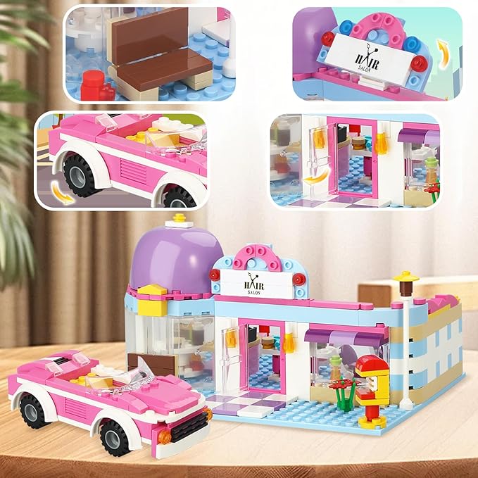 BRICK STORY Girls Friends Hair Salon Building Kit with 2 Mini People 5 Dolls Hair Creative Girls Friends Sets 358 Pieces with a Pink Convertible Car STEM Building Toys Gifts for Kids Age 6-12 and Up