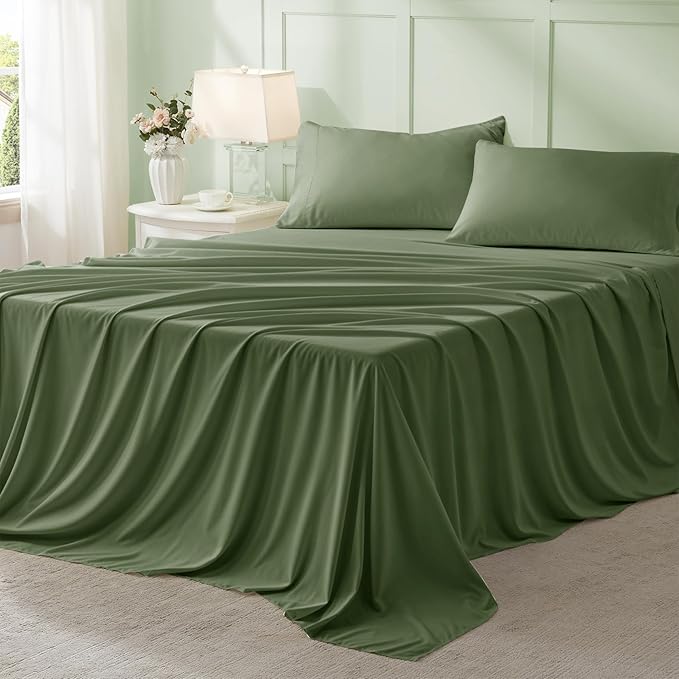 Anluoer King Size Comforter Set 7 Pieces, Olive Green Bed in a Bag Bedding Set with 1 Comforter, 2 Pillow Shams, 2 Pillowcases, 1 Flat Sheet, 1 Fitted Sheet