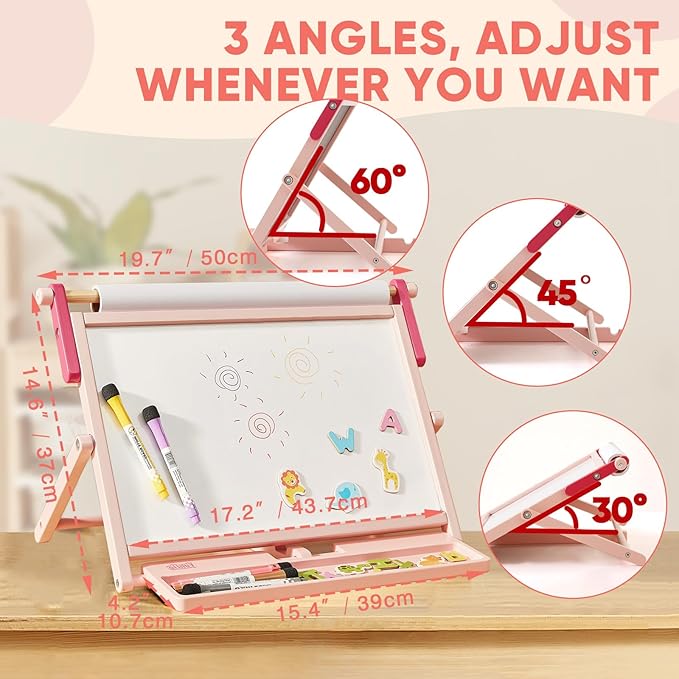 FUNLIO Anti-Warping Tabletop Easel for Kids Ages 3+ (100+ Pcs), Kids Easel with Whiteboard, Chalkboard & Paper Roll, Wooden Double-Sided Magnetic Table Easel with 3 Adjustable Angles, Foldable - Pink