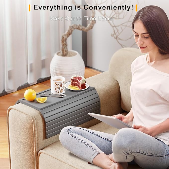 Bamboo Sofa Armrest Tray Table for Couch - 2-in-1 Foldable Couch Arm Table with Be Slide Detachable Tray- Anti-Slip Sofa Armchair Caddy for Drinks Cellphone TV Remote Snacks(Gray)