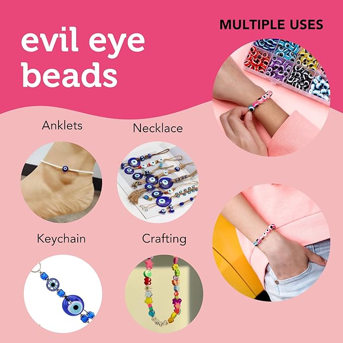 Incraftables Evil Eye Beads for Jewelry Making (24 Colors). Best Evil Eye Bracelets kit (720pcs). Round Glass Beads for DIY Charms & Necklace with Elastic String & Clasps