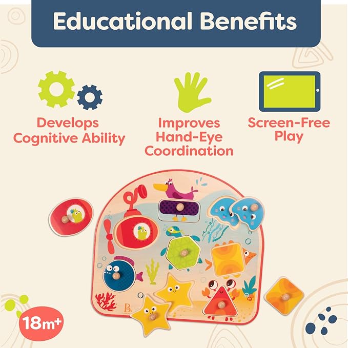 B. toys- Sea Treasures- Wooden Peg Puzzle – Sea Animals Puzzle – Ocean Peg Puzzle for Toddlers, Kids – 8 Chunky Pieces – 18 Months +