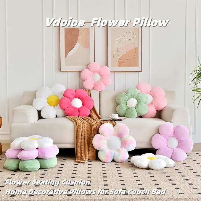 White Flower Pillow, 23.62In Floor Pillow Cushion, Cute Flower Shaped Throw Pillow, Home Decorative Pillow for Sofa, Couch, Bed