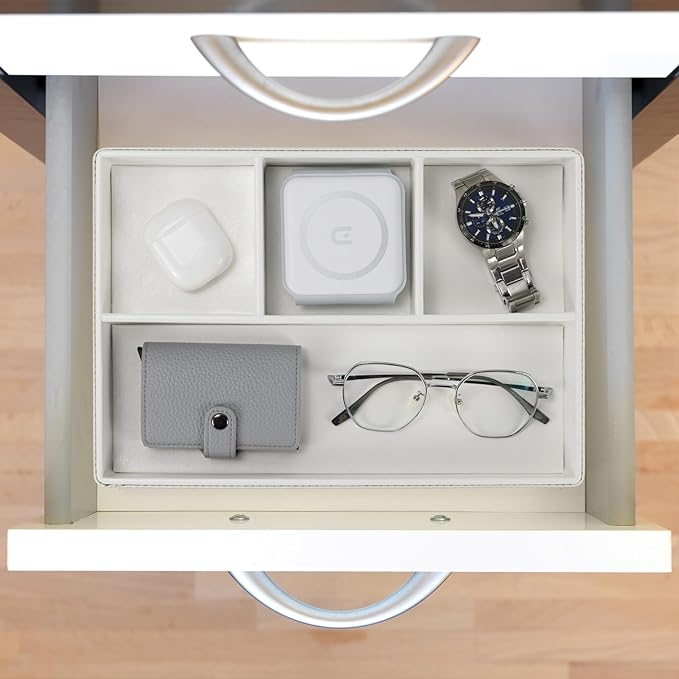 Buqoo PU Valet Storage Tray, Office Supplies Organizer, Stackable Desktop Organizer and Accessories Drawer Organizer for Storing Office Supplies, Jewelry, Cosmetics, White