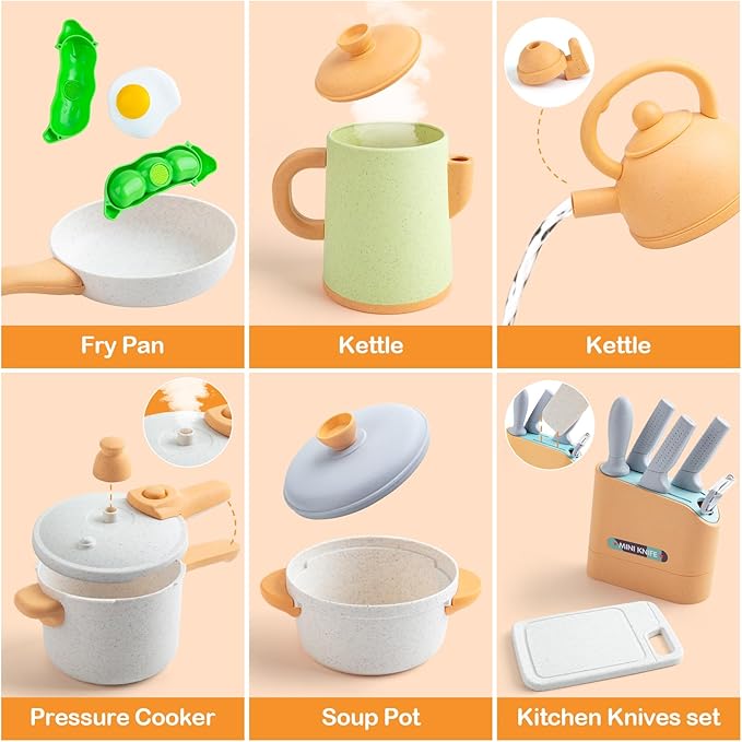 42Pcs Play Kitchen Accessories, Kids Kitchen Pretend Play Toys with Play Pots and Pans, Utensils Cookware Toys, Play Food Set, Toy Vegetables, Learning Gift for Girls Boys