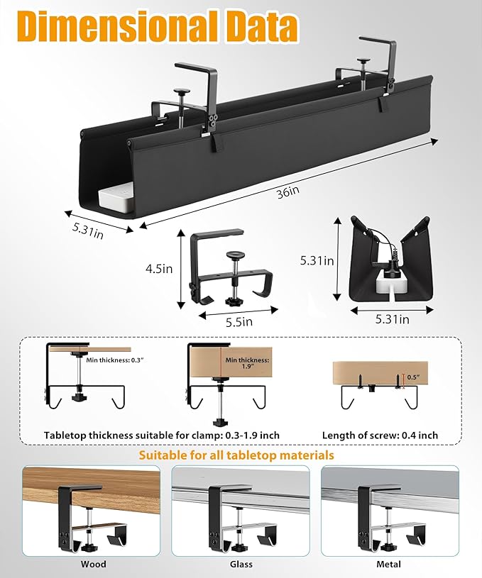 Oxford Cloth Under Desk Cable Management Tray,No-Drill 36" Desk Cable Management Organizer with Clip/Screw Installation,Fabric Cable Management for Home,Office & Gaming Computer(Black)