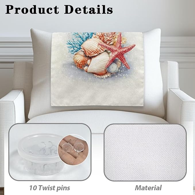 Starfish Recliner Headrest Protector Sea Shells Washable Sofa Headrest Cover Breathable Couch Headrest Covers for Home Office with 10 Twist Pins Set of 2