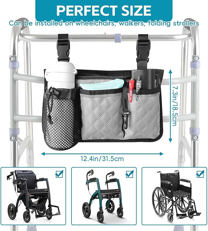 Wheelchair Bag with Cup Holder, Wheelchair Accessories Armrest Side Bag Multi Pockets Pouch for Electric Wheelchairs, Walker, Rollators & Mobility Scooters, Adults, Seniors, Grey