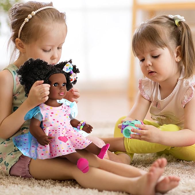 Black Dolls 14.5 Inch Baby Girl Doll with Clothes and Accessories,African Girl Baby Doll Gift for Girls Kids with Doll Pink Flamingo Theme Dress,Camera,Sunglasses Etc