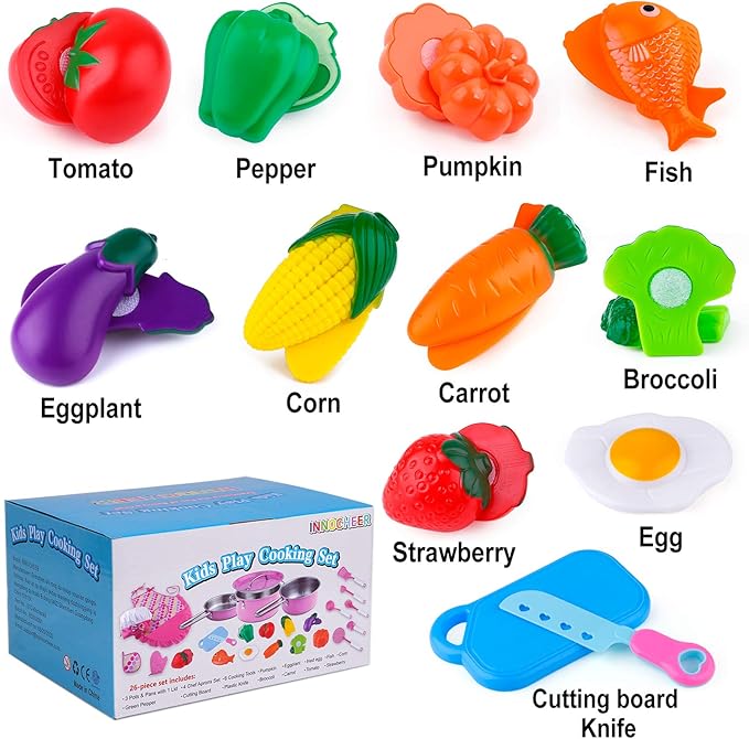 INNOCHEER Play Food for Kids Kitchen Cooking Playing Set, 26 PCS Kids Kitchen playset Accessories with Chef Hat Apron Dress Up, Toddler Cooking Chef Costume Set for 3 4 5 6 Year Old Girls Boys