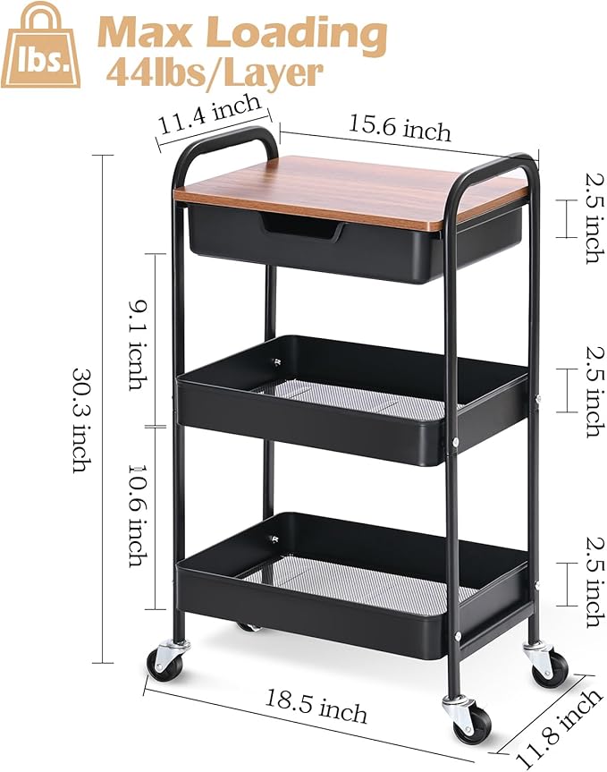 TOOLF 3-Tier Utility Rolling Cart with Wooden Board and Drawer, Metal Storage Cart with Handle, Black Trolley Kitchen Organizer Rolling Desk with Locking Wheels for Office, Classroom, Home, Bedroom