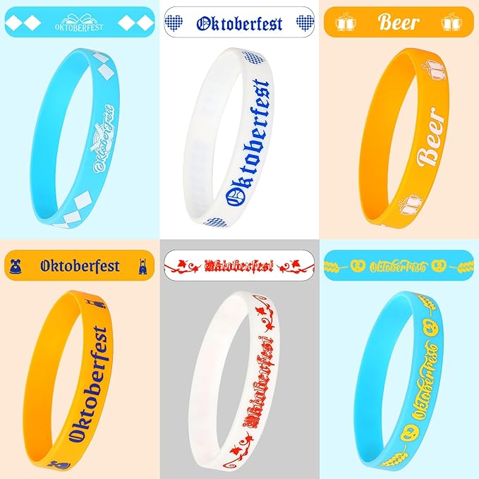 JUNEBRUSHS 42pcs Oktoberfest Party Favors Silicone Bracelets Rubber Wristbands Accessories for Beer Festival Oktoberfest Party Bavarian Style Decorations Supplies(6 Designs)