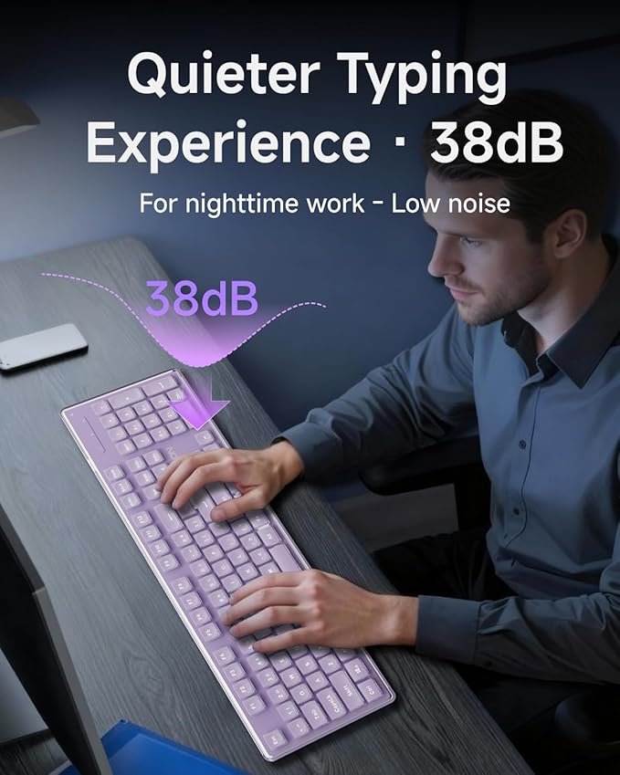 EWEADN GX710S Backlit Computer Keyboards, Wired USB Keyboard with White Backlit, Metal Panel, Plug and Play, Pudding Keycaps Full Size Quite Computer Keyboard for Win/PC/Laptop-Purple