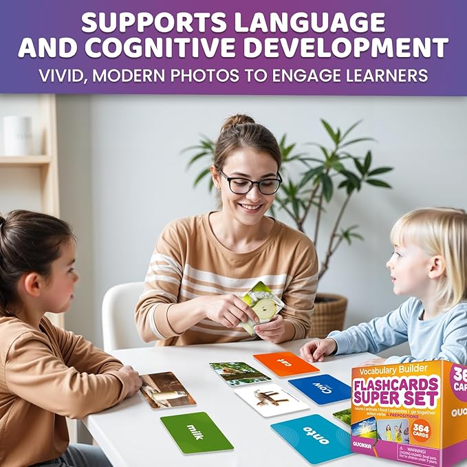 QUOKKA 364 Flash Cards for Kids and Adults - Real-Life Large Preschool Flash Cards for Speech Therapy, ABA Therapy, ESL Teaching, Pre-K to 3rd Grade, 7 Vocabulary Building Categories with Prepositions