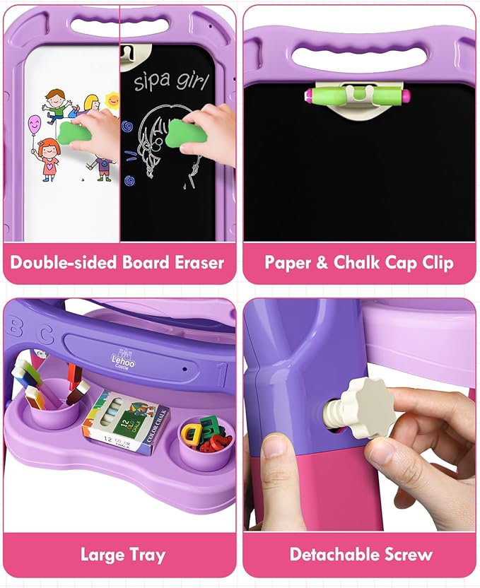 Lehoo Castle Easel for Kids, 4 in 1 Double Sided Kids Art Easel with Magnetic White Board & Chalk Board, Adjustable Standing Toddler Easel with Drawing & Writing Accessories - Gift for Boys and Girls