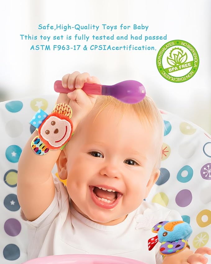 BLOOBLOOMAX Wrist Rattles Foot Finder Rattle Sock Baby Toy,Rattle Toy,Arm Hand Bracelet Rattle,Feet Leg Ankle Socks,Activity Rattle Present Gift for Newborn Infant Babies Boy Girl Bebe (5pcs-E)