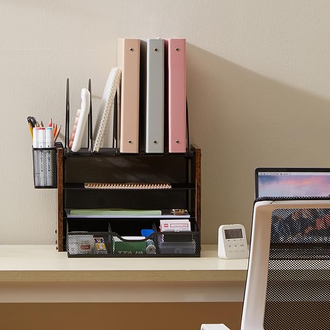 Y YOMA Wooden Desk Organizer, 4-Tier Mesh Desk Organizer with Drawer, Paper Tray & 5 Vertical File Holders, 2 Pen Holders, Desktop Organizer and Accessories for Home Office Dorm