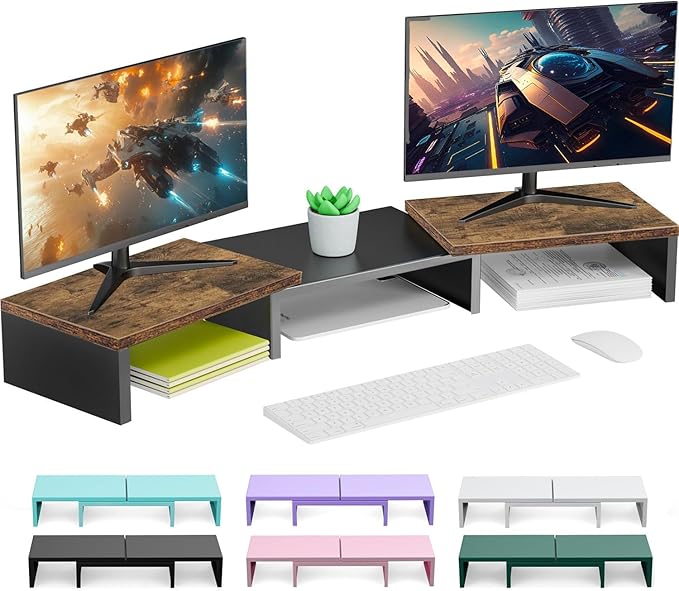 OUTIOE Dual Monitor Stand for Desk, Wooden Monitor Riser, Desk Shelf for Top of Desk, Computer Stand for Home and Office Use (Wood)