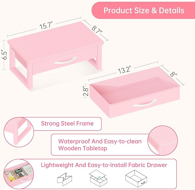 Desk Organizers and Accessories, Computer Monitor Stand Riser with Fabric Drawer, 2-Tier Laptop Stand for Desk, Office Organization Accessories, Pink
