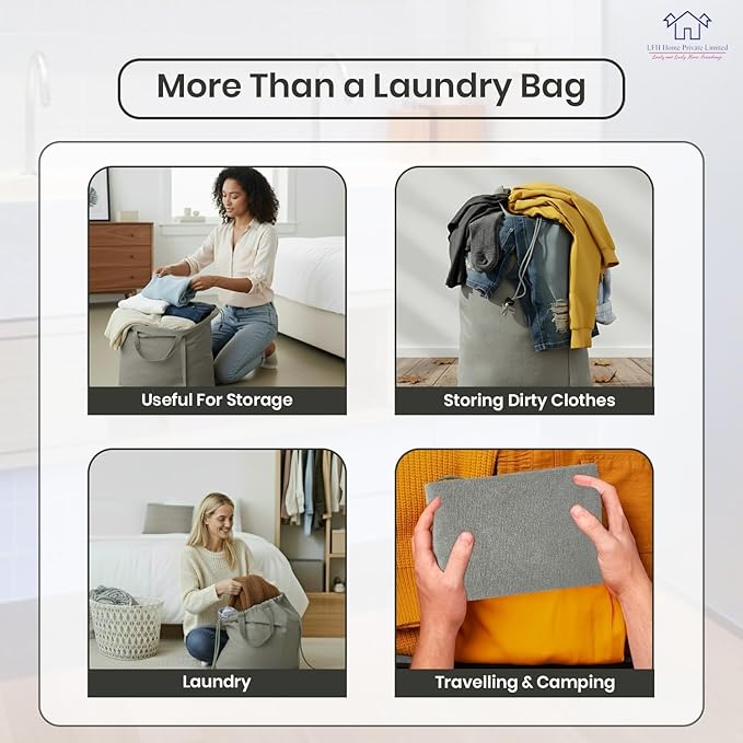 LFH Home Cotton Canvas Large Laundry Bag with Handle, Heavy Duty Drawstring Closure Washable Laundry Bags, School Travel, Home, Hotel, College Dorm, Organizer Sack, Toys Clothes 20x30 (Pack of 4)-Grey