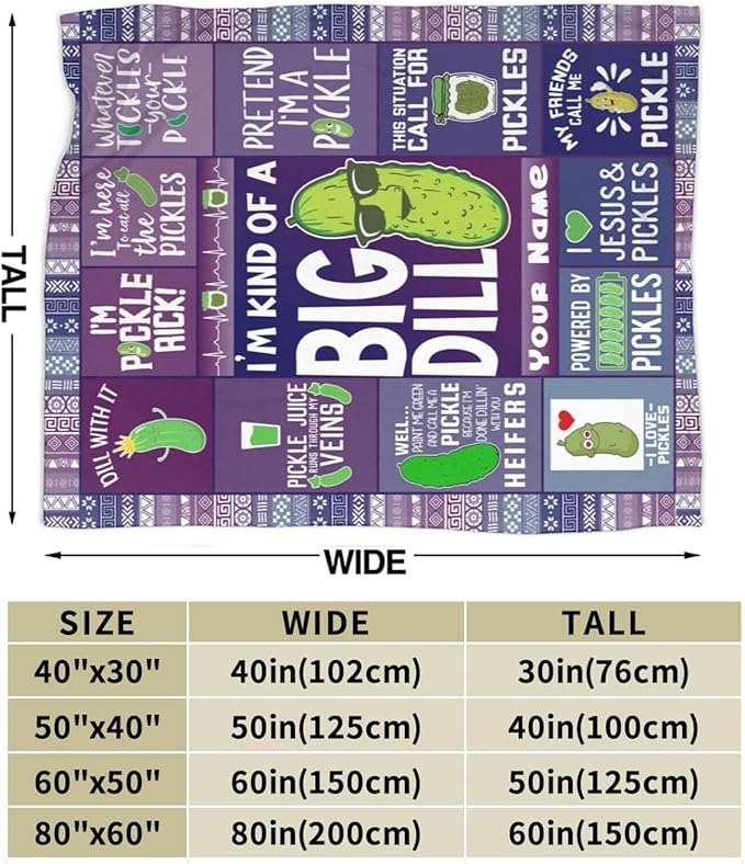 Custom Pickle Blanket with Name for Boys Girls, Personalized Cute Pickle Themed Design Printed Throw Blankets for Kids Lap, Chair, Giftable Blanket, 30"x 40"