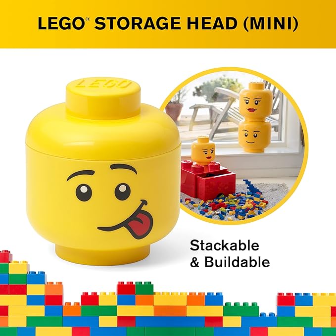 Room Copenhagen, Lego Storage Heads Stackable Storage Container - Buildable Organizational Bins for Kid’s Toys and Accessories - 4.02 x 4.02 x 4.53in - Mini, Silly, Holds 100 Bricks