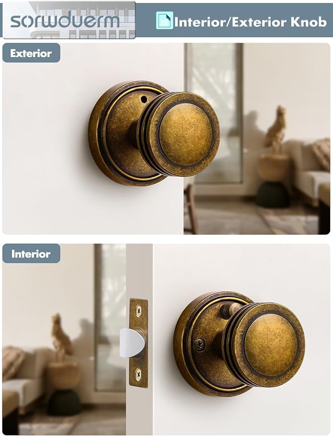 2 Pack Antique Brass Bronze Door Knob Interior Privacy Door Knobs with Lock Door Handle Bedroom and Bathroom Zinc Alloy