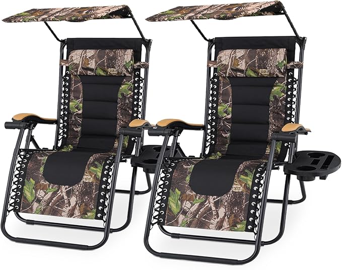 Athena Collection Zero Gravity Outdoor Lounge Chair Set of 2 with Canopy Shade, 29" Width Pool Lounge Lawn Chairs Reclining with Cup Holder, Outdoor Chaise for Beach Patio Outside, Jungle