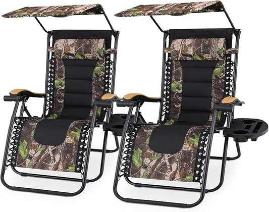 Athena Collection Zero Gravity Outdoor Lounge Chair Set of 2 with Canopy Shade, 29" Width Pool Lounge Lawn Chairs Reclining with Cup Holder, Outdoor Chaise for Beach Patio Outside, Jungle
