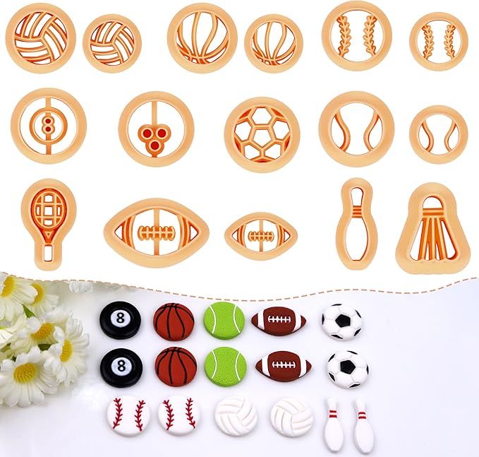 Puocaon Sports Polymer Clay Cutters - 16 Pcs Clay Cutters for Polymer Clay Jewelry Making, Football Baseball Clay Cutters, Clay Jewelry Cutters Basketball Tennis Volleyball Clay Cutters Earrings