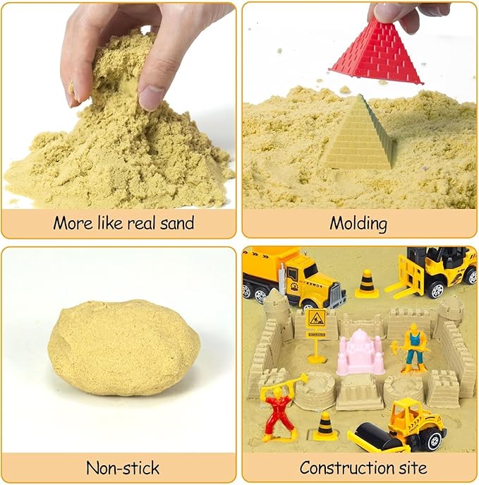 Construction Sensory Bin, Kids Play Sand Art Kit Sandbox with 2.2lbs Magic Sand, Molds, Shovel, 6Pcs Diecast Construction Trucks Toys, Crane, Sensory Sandbox with Cover for Boys Toddlers Age 3-8
