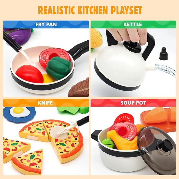 39 Items 62Pcs Play Kitchen Toy Accessories Set, Kids Kitchen Set with Play Pots and Pans, Pretend Play Food, Cooking Utensils, Apron, Toddler Kitchen Playset Kids Girls Boys Age 3+…