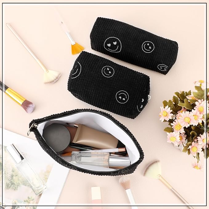 Huhumy 3 Pcs Makeup Bag Set for Women Corduroy Cosmetic Pouch Aesthetic Smile Travel Toiletry Bag Cute Purse Pouch Pencil Case Makeup Brushes Storage Organizer for Valentine(Black,Smile Face)