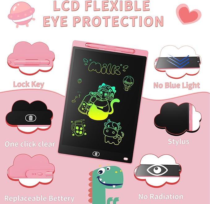 [2 Pack] Genialba LCD Writing Tablet 12-Inch Colorful Doodle Board, Toddler Learning Educational Toys Gifts for 3-8 Years Old Girls and Boys, Electronic Drawing Pad for Kids (Pink&Black)
