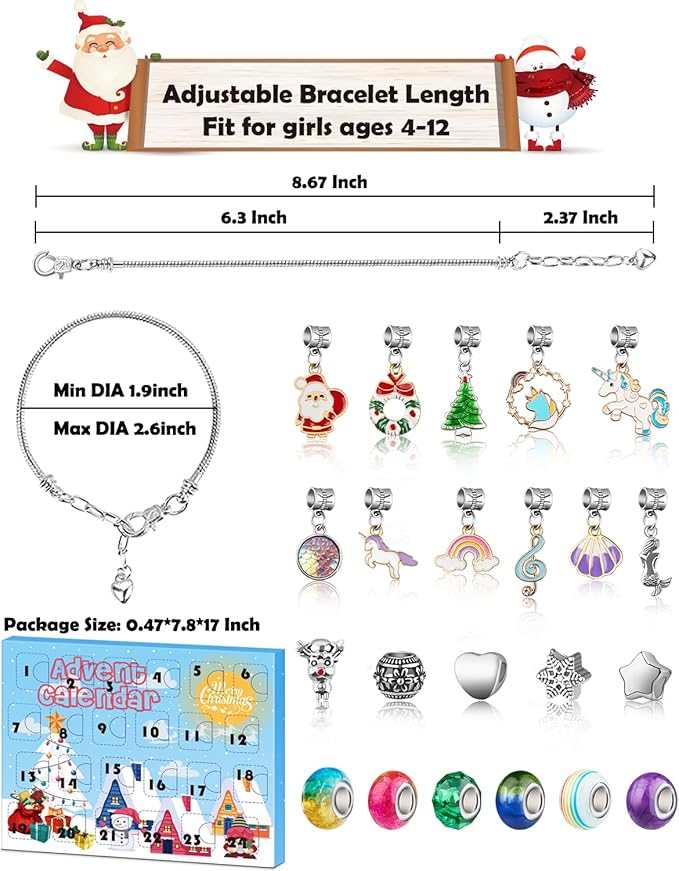 Girls Advent Calendar 2024, Charm Bracelets Making Kit for Kids Christmas Countdown Calendars 24 Days Xmas Jewelry Making Kit for Girls 6-7, Teens Teenagers Girl 8-12 & Women Arts and Crafts Gift Toys