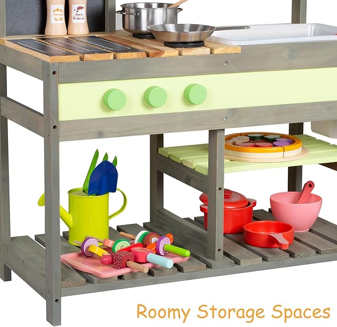 Giant bean Mud Kitchen Playset for Kids, Deluxe Wooden Toy Play Kitchen Set for Boys and Girls Ages 3-8 Indoor & Outdoor Activities, with Sand and Water Sink, Cookware Pots