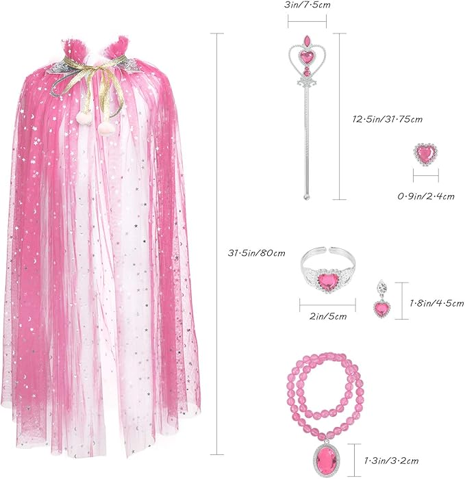Fedio Princess Cape Set 7 Pieces Girls Princess Cloak with Tiara Crown, Wand for Little Girls Dress up (Pink)