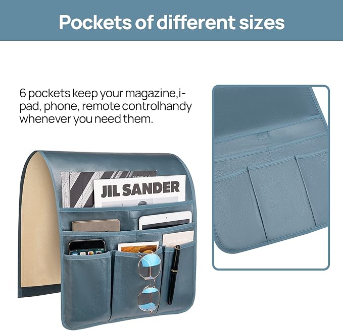 Teniux Remote Control Holder Faux Leather Armrest Organizer with 6 Pockets for Recliner Couch Sofa, Armchair Caddy for Smart Phone, Book, Magazines, Ipad, Remotes (Moonlight Blue)